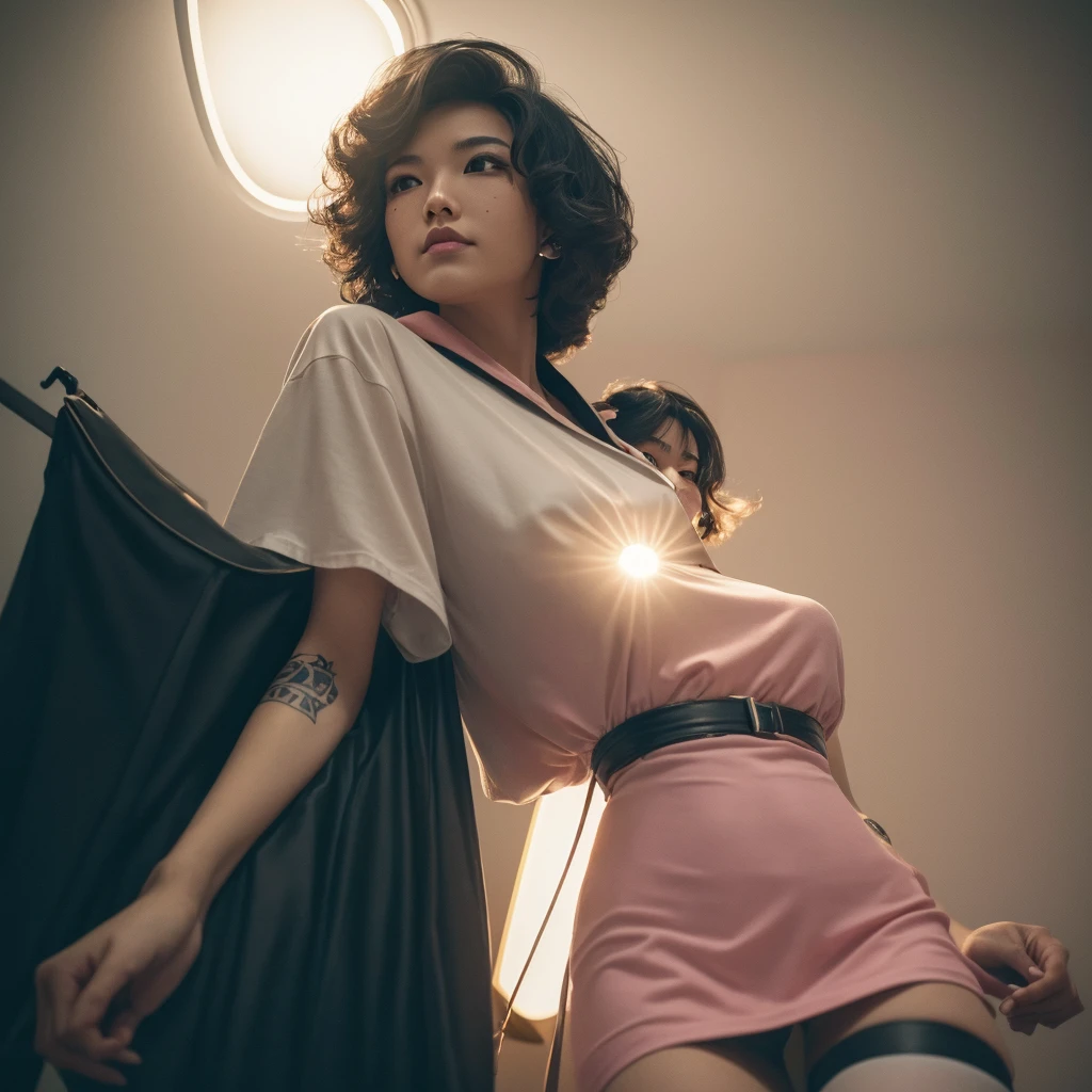 (work of art) best qualityer, ultra detaild, golden neon proportion, ultra realistic) Photo of a Japanese woman with penetrating and intense gaze, dressed in retrofuturistic costume (moles, tshirts, fair shirts, fair dresses) vibrant makeup, bedroom setting with a cold tone wall, Perfect rare face, highly detailed skin, long straight black hair: Full, slightly pink mouth, ink tattoos, pale and glowing skin, fine tune, Big size, Sharp focus on rare face, perfect black eyes: photorrealistic, Film grain, one foot forward, from below looking up, Look to the camera, Emphasize your shoulders with a holster, scabbard, tactical knife, facefocus, Stockings, scarves, leashes, Smile with the corners of your mouth raised, disdainful expression, night lights, instagram style, back-illuminated, outer, Retro, 80's perm, misty, misty, 80's house, soft warm colors, theatrical portrait, vinyl dress, Suburban retrofuturistic mercenaries, cautious, searchlight, volumetric dust clouds, Main light, contra-luz, ray tracing, soft natural neon lighting, Film grain ISO 400, 30mm lense, openness, Analog photography, cores hdr