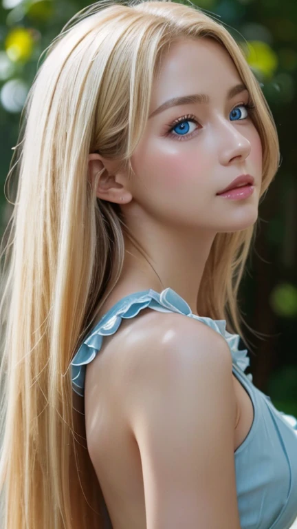 View from the back, head focused from behind, no eye contact, Crazy about Love, 14 years old , summer dress with ruffles, Super beautiful Scandinavian blonde girl, has cleavage, standing, Super Long Straight Platinum Blonde Hair、low contrast, (a shy smile:0.8), of the highest quality, ultra high resolution, realistic photos, Very detailed, 8k, RAW Photos, perfect anatomy、so beautiful, bright, bright light blue eyes、cheek glow highlight、very big eyes、small face beauty