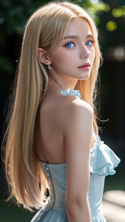 View from the back, head focused from behind, no eye contact, Crazy about Love, 14 years old , summer dress with ruffles, Super beautiful Scandinavian blonde girl, has cleavage, standing, Super Long Straight Platinum Blonde Hair、low contrast, (a shy smile:0.8), of the highest quality, ultra high resolution, realistic photos, Very detailed, 8k, RAW Photos, perfect anatomy、so beautiful, bright, bright light blue eyes、cheek glow highlight、very big eyes、small face beauty