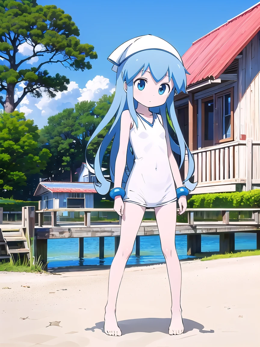 ,small pointy breast,
,(ika, blue hair, tentacle hair, blue eyes, long hair,white hat, bracelet, tentacles,,short stature,slender,child_body,skinny,pale skin,small breast),seaside house,summer
