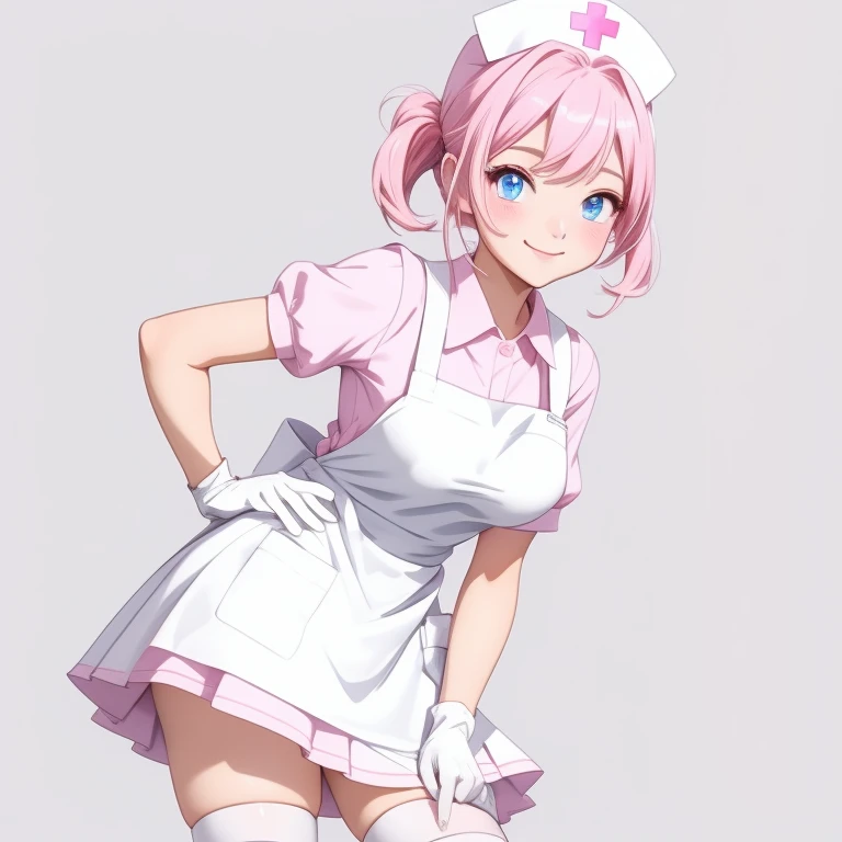 1girl, solo, nurse, nurse cap, pink collared dress, white apron, ((white legwear, zettai ryouiki)), white gloves, pink hair, blue eyes, drooping eyes, smile, standing, sharp outline, short sleeves, gray background, simple background, best quality, masterpiece