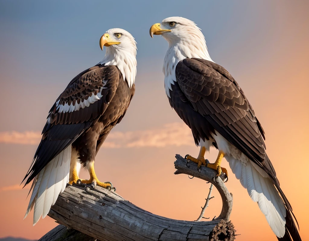 Create a powerful and fearless eagle perched atop a sturdy, dry branch during sunset. The eagle should exude strength and confidence, with visible feathers and claws, ready to face any challenge. The background sky should be tinted in vibrant shades of orange, indicating a dramatic evening between 4 and 5 PM. The sunset light should highlight the eagle's features and cast subtle shadows on the branch and surroundings. Use a realistic color palette with tones of orange, gold, and earthy hues. na imagen deve ter apenas 1 aguia o cenario deve ser arido sem montanhas deve ser plano a aguia deve ser mais forte com asas fechadas