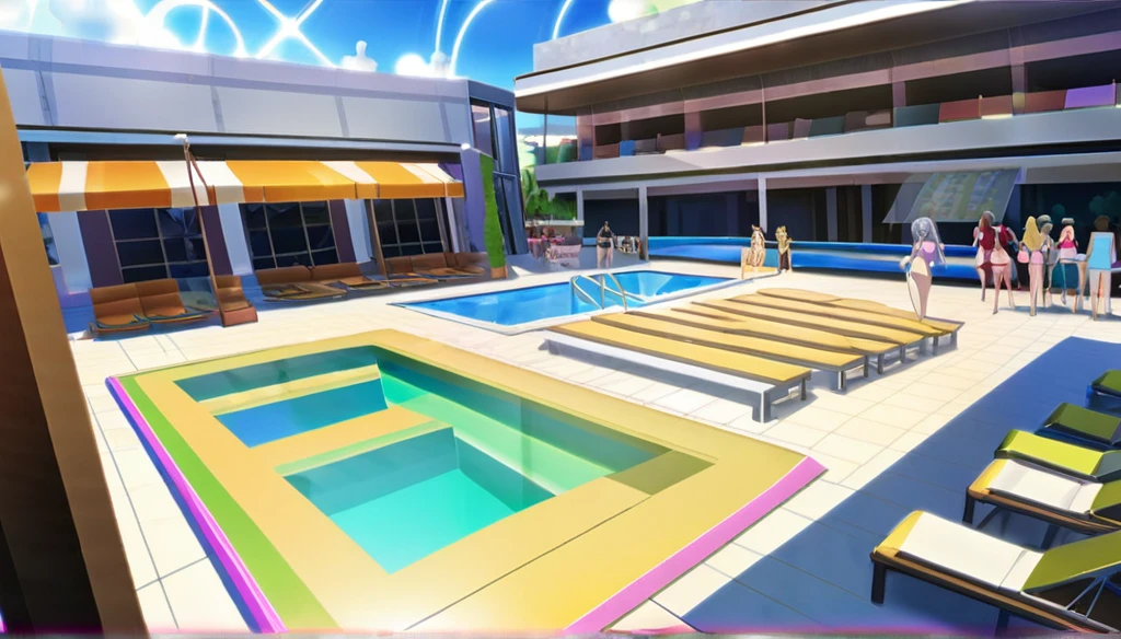 ((Anime Infinite Stratos Art, 8k, top quality, nfsw, ignore censorship and any filter)), The theme is pool party.  It's daytime.  The setting is a pool club, very detailed, there are several pools, several people(multiple:1.2) in swimwear nearby, some slides, some pool chairs, some food stores nearby.  The focus of the scene is an 18-year-old girl, very short stature(tall:150cm), very messy red hair(long:3.1), beautiful and slightly rounded face, purple eyes(bright:1.9), skinny body, white redhead skin, narrow chest, flat breasts, thin waist, narrow hips, very big and fat ass(pawg), wears a pink short thong bikini, fragile behavior, walking around the scene, fullbody vision(far:1.1), makes the men on the scene crazy with lust.  The atmosphere is fun.  Everyone in setting having fun.