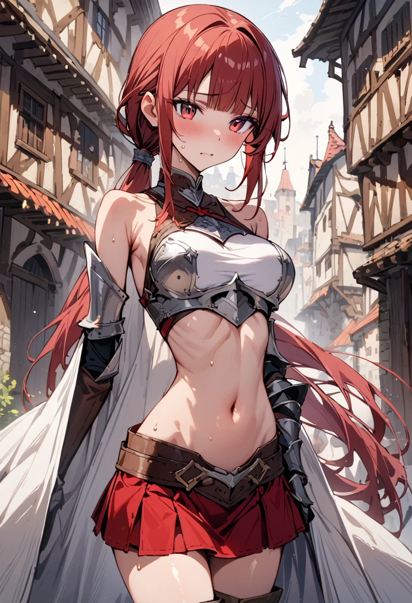 ((masterpiece,Highest quality:1.3)),cowboy shot,1woman,30 year old beauty,female knight、独奏,((very small head:1.3)),red hair,long hair,low ponytail,blunt bangs,red eyes,gorgeous eyes,shy,medium breasts,((very long body:1.2)),((toned body,slender body,skinny)),gleaming skin,shiny skin,sweat,knight armor、Iron Gauntlets、navel、(Red mini skirt、Leather knee-high boots)、standing,city、Medieval Europe、