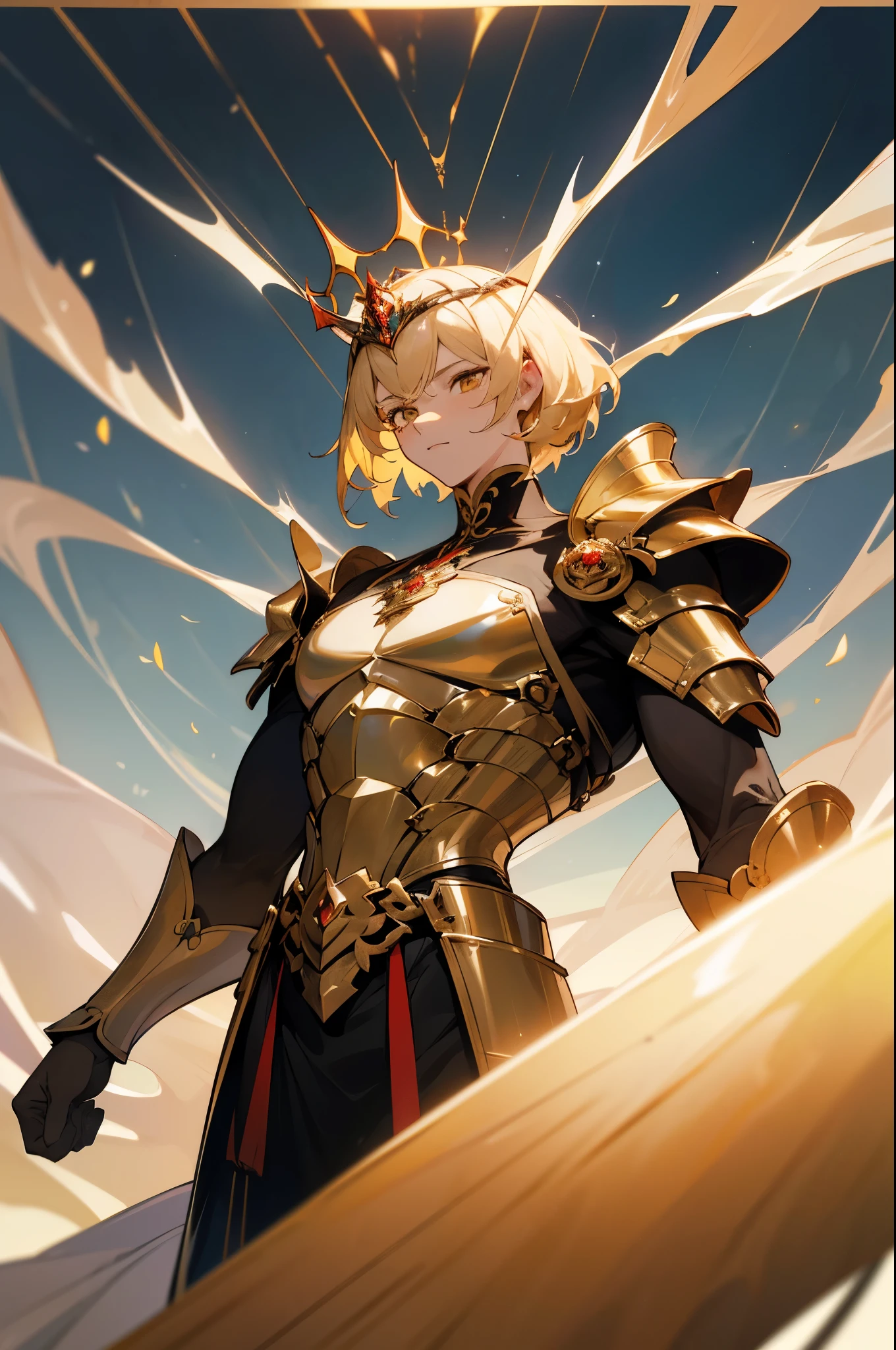 A man adorned in fantasy-style full-body armor, a crown-concept fully enclosed helmet that unveils only her eyes, a composite layered chest plate, fully encompassing shoulder and hand guards, a lightweight waist armor, form-fitting shin guards, the overall design is heavy-duty yet flexible, (the armor gleams with a golden glow, complemented by red and blue accents), exhibiting a noble aura, she floats above a fantasy-surreal high-tech city, this character embodies a finely crafted fantasy-surreal style armored hero in anime style, exquisite and mature manga art style, (mixture of king bee and Spider concept Armor, plasma), ((Element, elegant, god, masculine:1.5)), metallic, high definition, best quality, highres, ultra-detailed, ultra-fine painting, extremely delicate, professional, anatomically correct, symmetrical face, extremely detailed eyes and face, high quality eyes, creativity, RAW photo, UHD, 32k, Natural light, cinematic lighting, masterpiece-anatomy-perfect, masterpiece:1.5, male, blonde hair, yellow eyes, short hair, male, upper body

