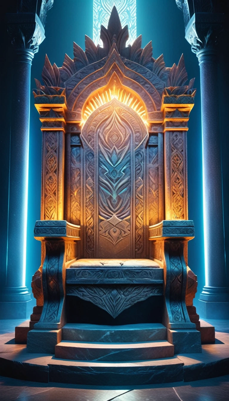 a majestic throne of power carved from stone, detailed intricate designs, powerful magical aura, dramatic lighting, cinematic composition, epic fantasy, muted color palette, photorealistic, 8k, best quality