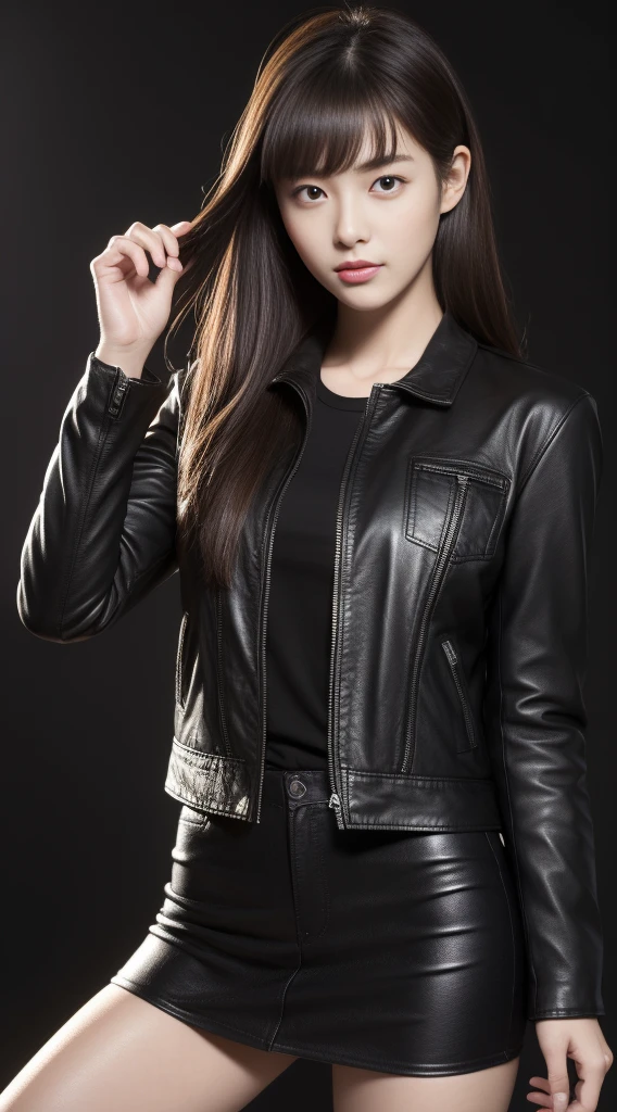 Long fringe hair、1girl in、Glossy leather riders jacket、Leather、tight skirts、(top-quality:1.4)、(超A high resolution:1.2)、(A detailed eye)、a room