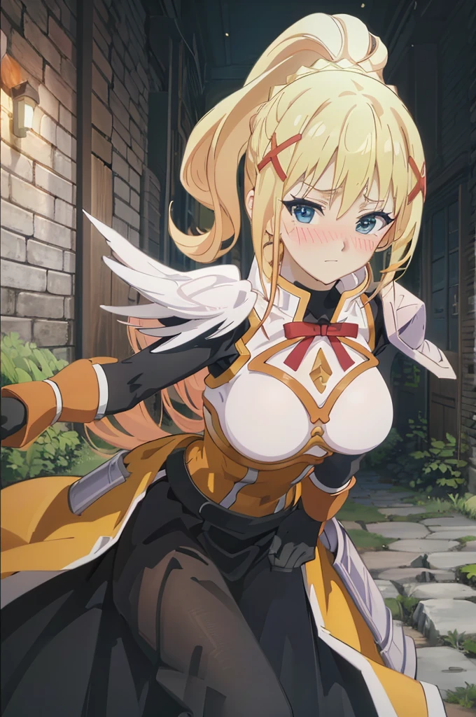 masterpiece, best quality, high resolution, best illustration, super fine illustration, (official art:0.6), (anime screencap:1.1), detailed beautiful face and eyes, anime keyvisual, (perfect anatomy:1.5), 8k portrait, (detail focus fingers:1.2), 
1girl,
darkness, 
darkness \(konosuba\),
long hair, ponytail, x hair ornament, 
blonde hair, 
(blue eyes:1.2), 
black gloves, 
large breasts, 
armor, pauldrons, shoulder armor, long skirt, 
(blush:1.5), 
looking at viewer, 
cowboy shot, 
leaning forward, emphasize the cleavage, 
natural light, 
background of outdoor, city, sky, 