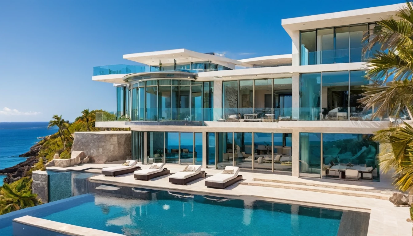 A modern luxury mansion with an infinity pool overlooking the ocean, floor-to-ceiling windows, and a sleek, luxury interior design.