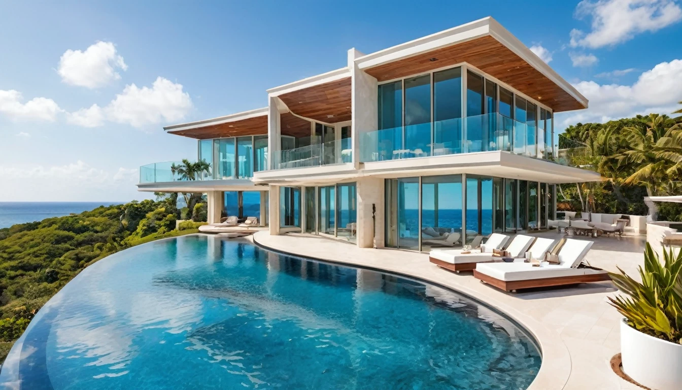 A modern luxury mansion with an infinity pool overlooking the ocean, floor-to-ceiling windows, and a sleek, luxury interior design.