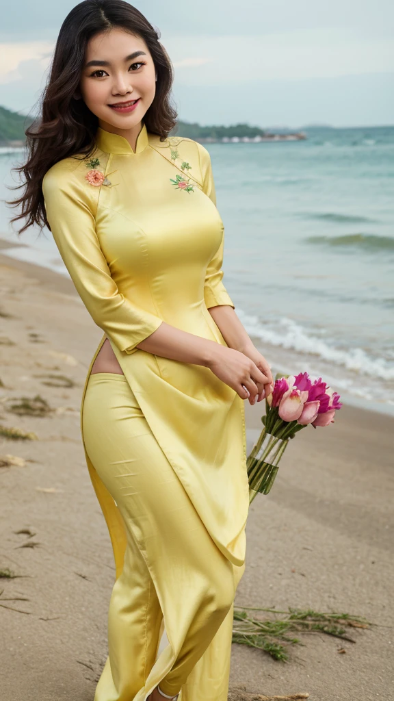 [8k UHD photos, UHD high quality photos, Super detailed and super clear images],
Close-up of a Vietnamese girl with a beautiful face and balanced body, round face, big round eyes, Charming smile, Red lips, long curly eyelashes, big dimples, pointed chin, plump face, Her face resembles Tuyet Linh, Tall and plump figure, big breasts,
wearing a bright and shiny yellow ao dai with embroidered flowers, standing on the beach, pose sexy,
Nhìn từ bên hông,
Satin ao dai,
