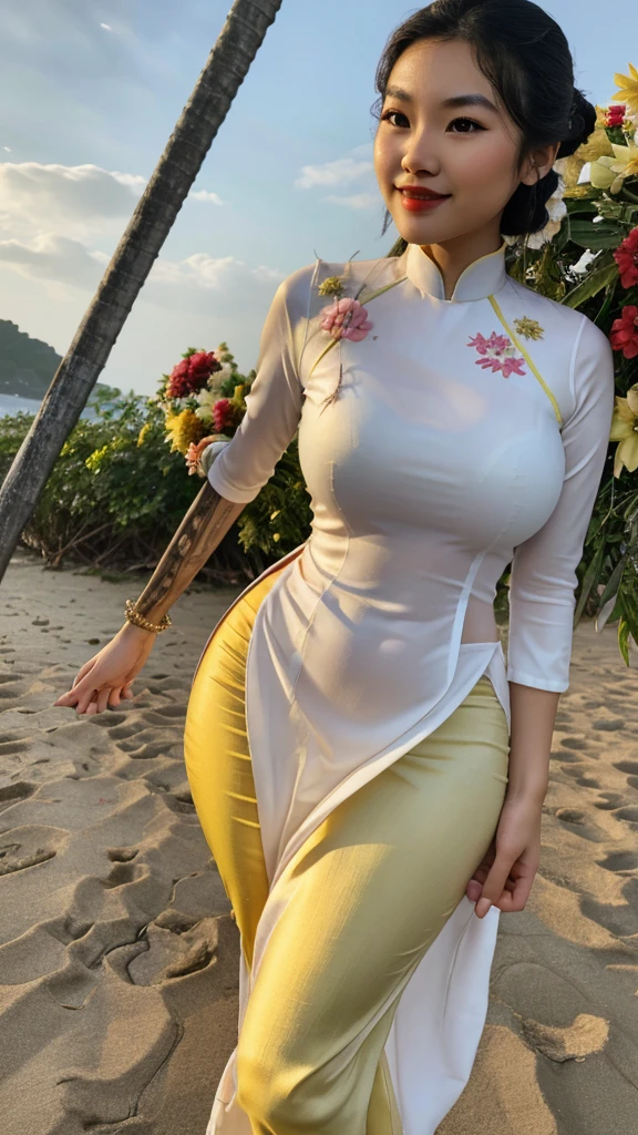 (8k,Ultra-high resolution,Highest quality,masterpiece,Realistic,Ultra-high resolution,High-quality RAW color photos,Professional photos,Realistic,Realistic),Natural skin texture,Fine skin,Hyperrealism,Intricate details,Adult women,Eye highlights.Lip gloss,Glossy Lips,(Cute smile,Short Hair,Dark blonde hair,bangs),((gigantic breast,Big Breasts)),necklace,(((A very tight floral light yellow Ao Dai,Quite a large slit,(wet body,wet clothes,See-through nipples)))),(Rainy Vietnam,Walking in Ho Chi Minh,heavy rain,Squall),Bright lighting