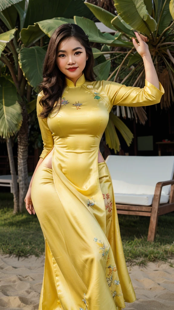 [8k UHD photos, UHD high quality photos, Super detailed and super clear images],
Close-up of a Vietnamese girl with a beautiful face and balanced body, round face, big round eyes, Charming smile, Red lips, long curly eyelashes, big dimples, pointed chin, plump face, Her face resembles Tuyet Linh, Tall and plump figure, big breasts,
wearing a bright and shiny yellow ao dai with embroidered flowers, standing on the beach, pose sexy,
Nhìn từ bên hông,
Satin ao dai,
