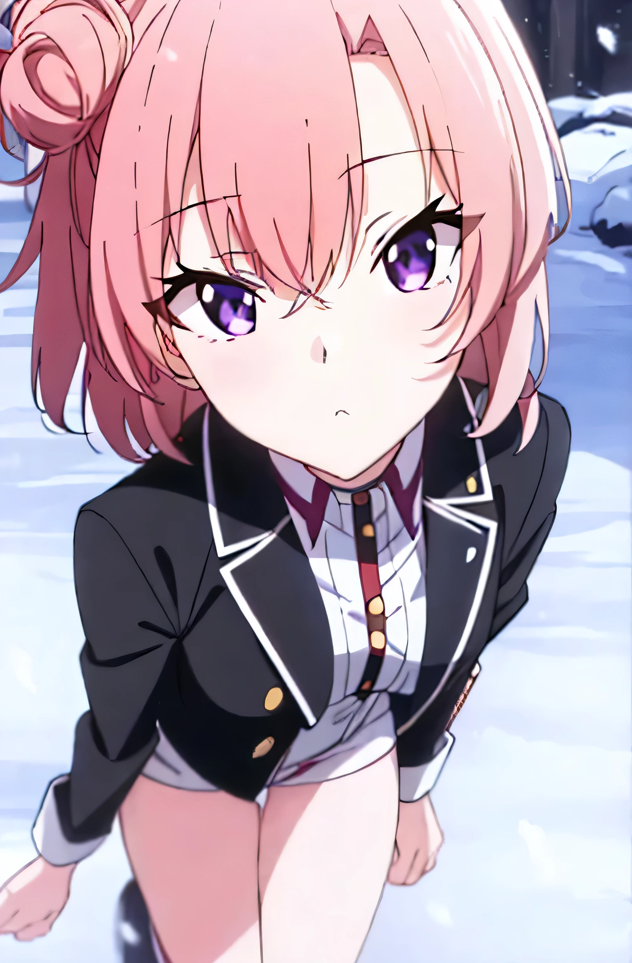 Anime girl with short pink hair and purple eyes standing in the snow, anime moe art style, style of anime4 K, Anime art wallpaper 8 K, Anime art wallpaper 4 K, Anime art wallpaper 4k, Anime wallpaper 4K, Anime wallpaper 4 k, Detailed digital anime art, 4K anime wallpaper, 4k manga wallpapers, clean and meticulous anime art, a beautiful anime portrait