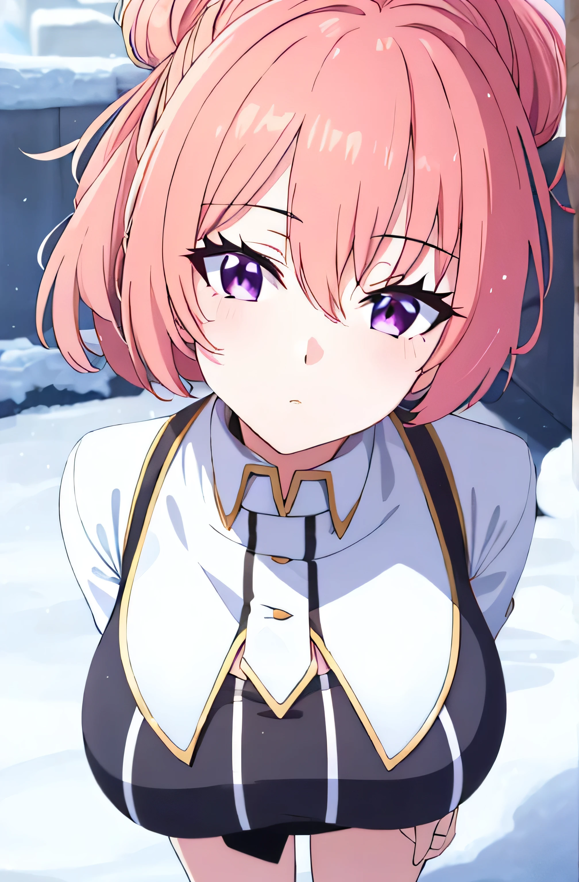 Anime girl with short pink hair and purple eyes standing in the snow, anime moe art style, style of anime4 K, Anime art wallpaper 8 K, Anime art wallpaper 4 K, Anime art wallpaper 4k, Anime wallpaper 4K, Anime wallpaper 4 k, Detailed digital anime art, 4K anime wallpaper, 4k manga wallpapers, clean and meticulous anime art, a beautiful anime portrait