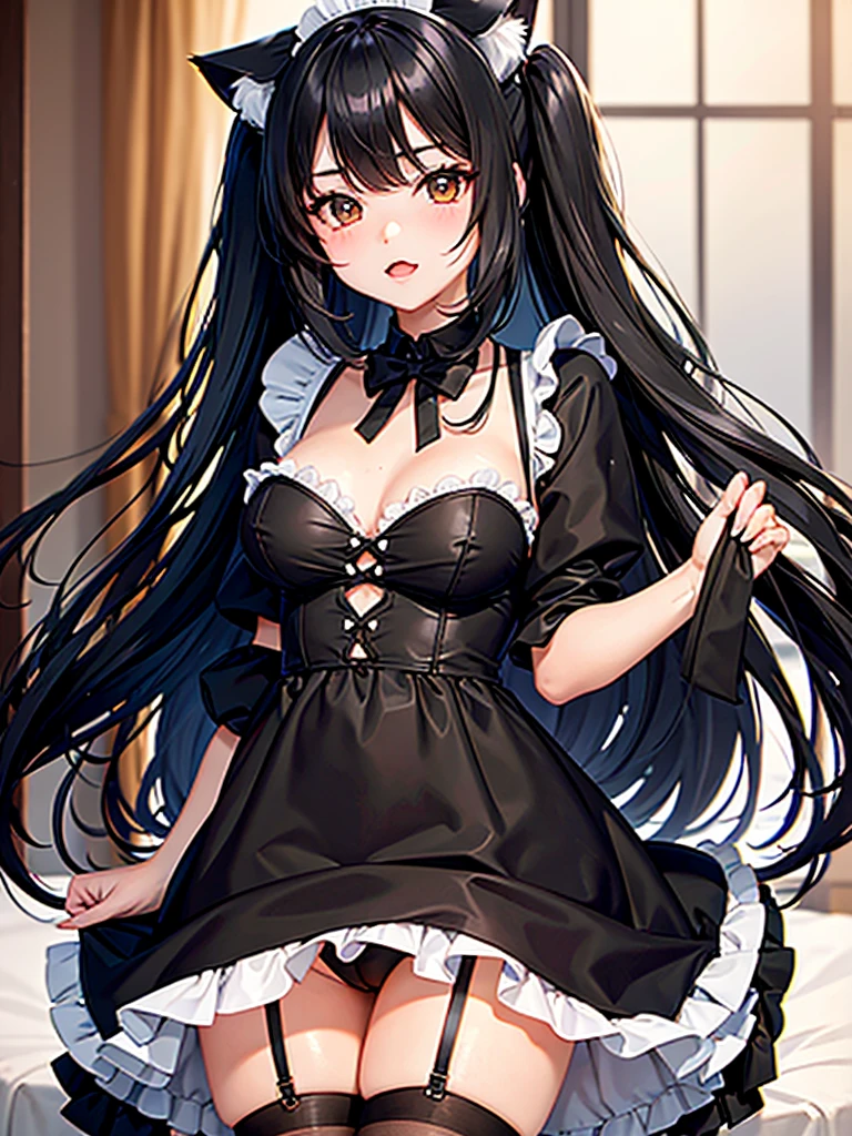 Very cute nekomimi girl. Black hair. Wearing revealing maid dress. Long black tails.