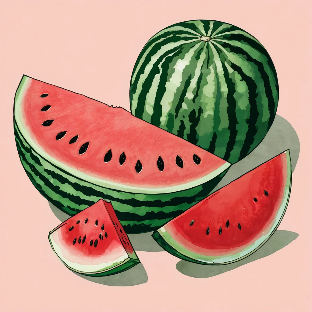 drawing of a watermelon and large size watermelon slices.