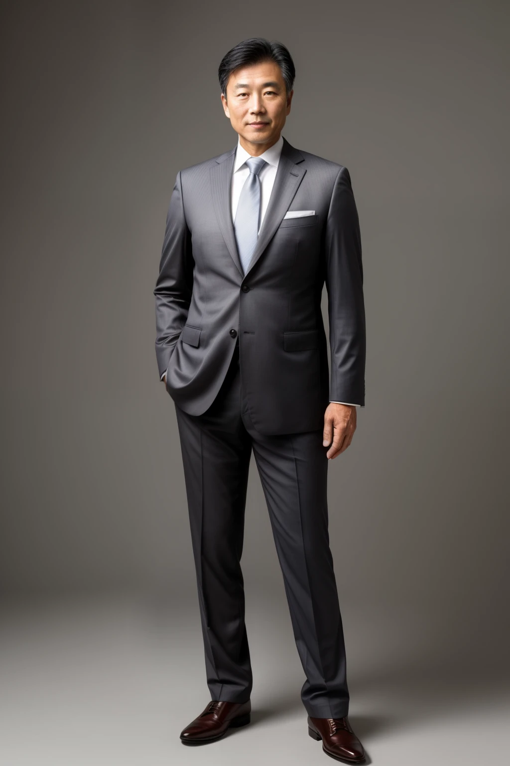 A masterful portrait of a 48-year-old Asian man, standing at a height of 166 cm and weighing 61.7 kg. His countenance exudes confidence and approachability, adorned in a finely tailored business suit, the neutral-colored tie accentuating his sophisticated demeanor. The setting is a pristine and undistracted office backdrop or a minimalist solid color, ensuring all attention is focused on the subject. The lighting is natural yet flattering, highlighting a professional and polished appearance, further emphasizing his stature.