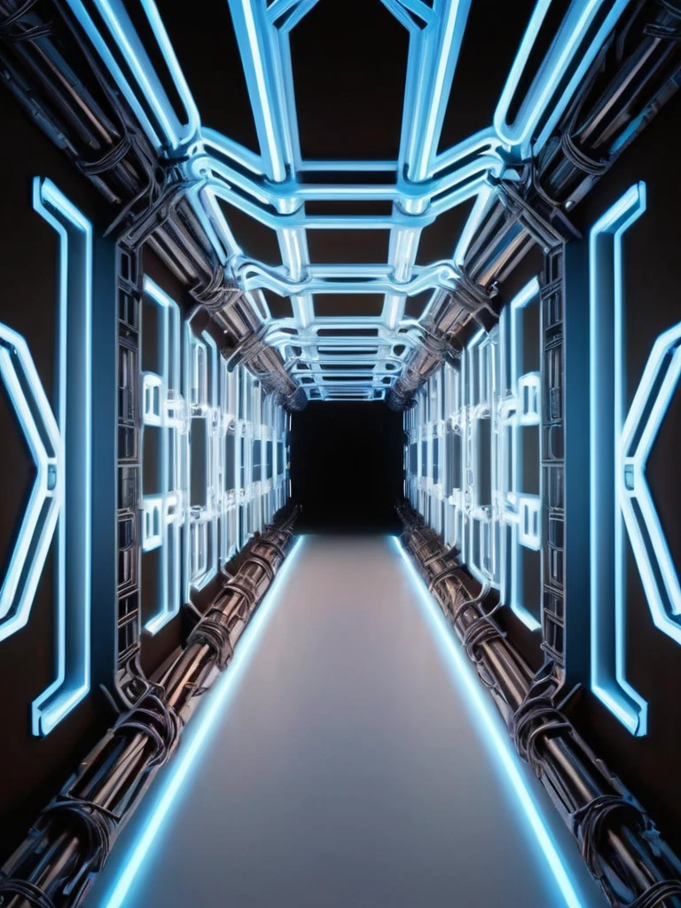 tunel, Futuristic background image with hell theme., cables hell neon, symmetrical image, hell, White wall, negro, Blue, techno music production studio