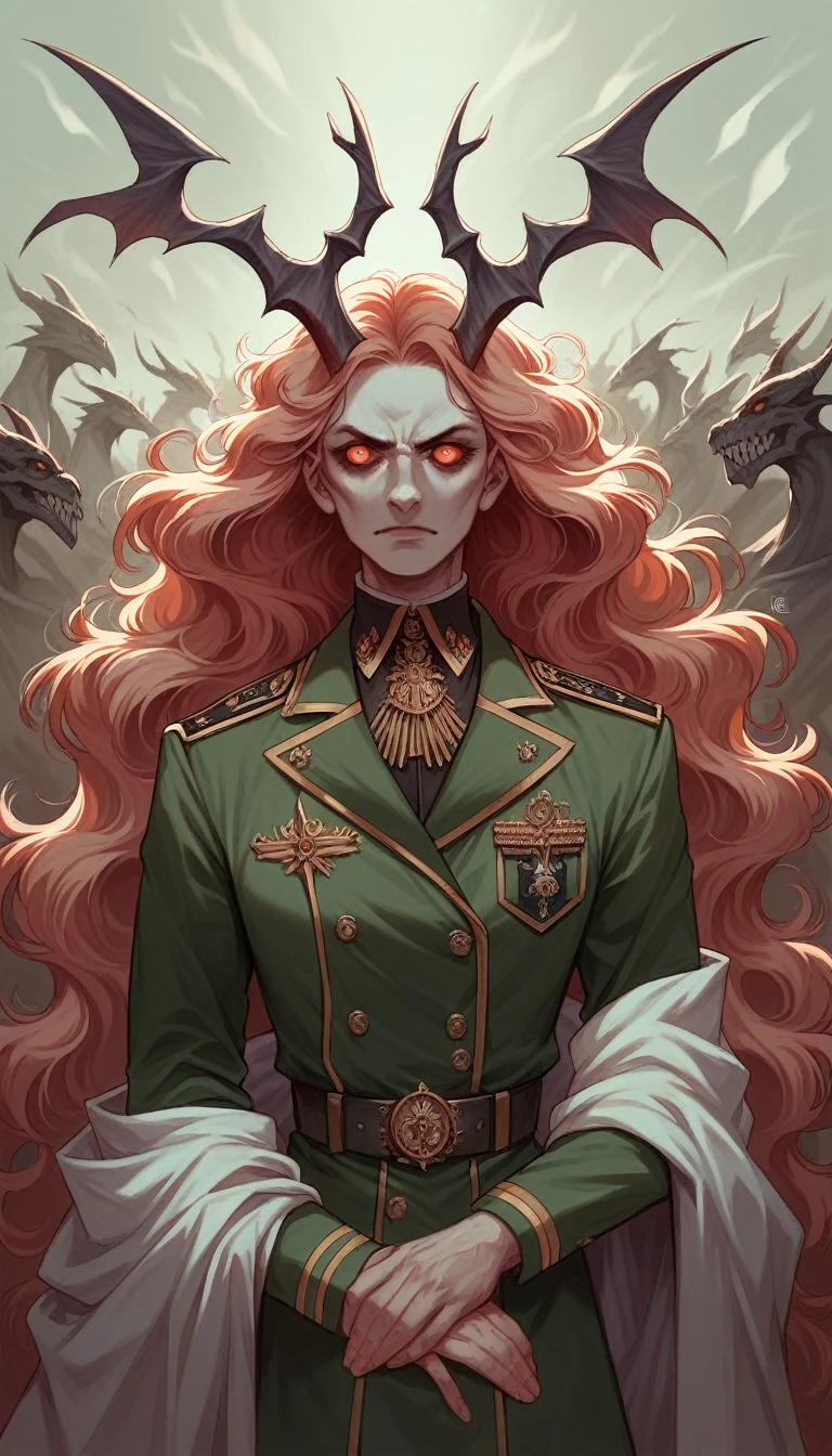 a woman with detailed eyes and long flowing hair, military uniform, warhol-inspired anime style, grim dark war elements, detailed darkened industrial environment, surrounded by civilians