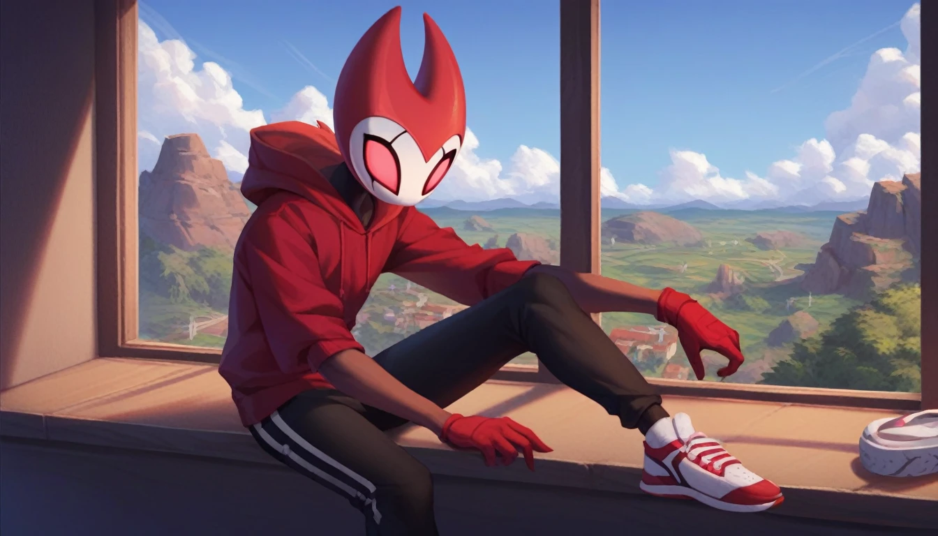 score_9, score_8_up, score_7_up, score_6_up, zPDXL2, grimm \(hollow knight\), vampire, bat, 1boy, solo, cute face, detailed eyes, portrait, anthro, black sports pants, blue large hoodie, red sports gloves, sneakers, background, near the window, landscape, looking into nothing