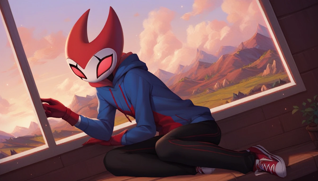 score_9, score_8_up, score_7_up, score_6_up, zPDXL2, grimm \(hollow knight\), vampire, bat, 1boy, solo, cute face, detailed eyes, portrait, anthro, black sports pants, blue large hoodie, red sports gloves, sneakers, background, near the window, landscape, looking into nothing