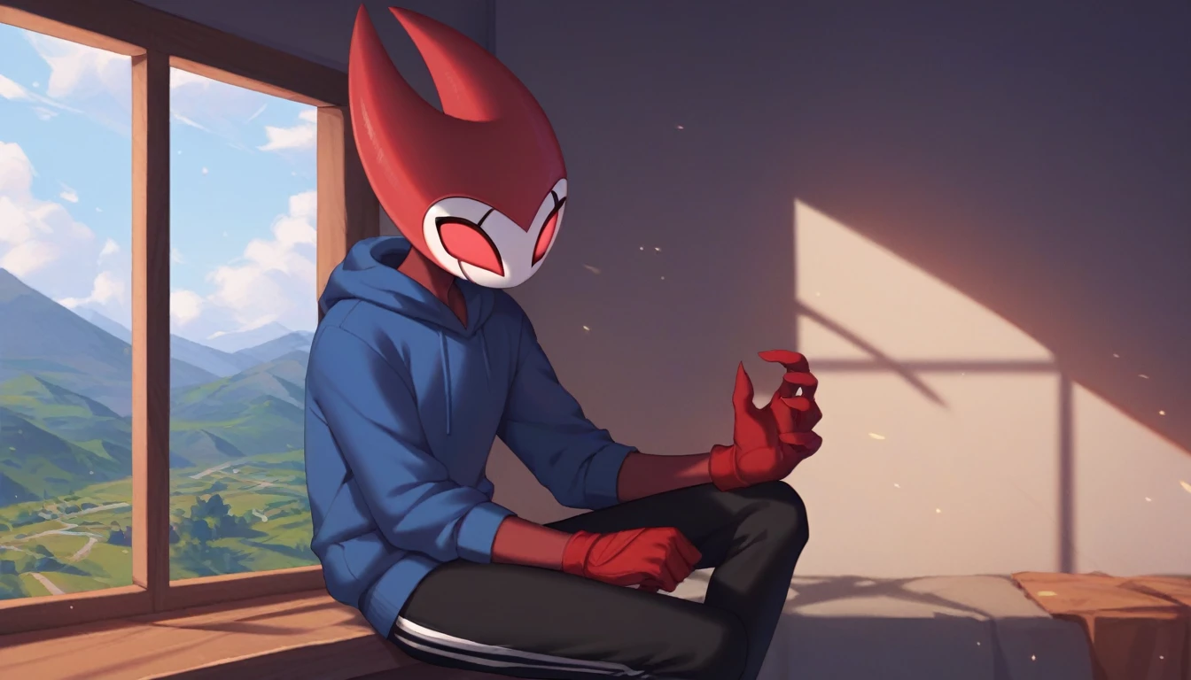 score_9, score_8_up, score_7_up, score_6_up, zPDXL2, grimm \(hollow knight\), vampire, bat, 1boy, solo, cute face, detailed eyes, portrait, anthro, black sports pants, blue large hoodie, red sports gloves, sneakers, background, near the window, landscape, looking into nothing