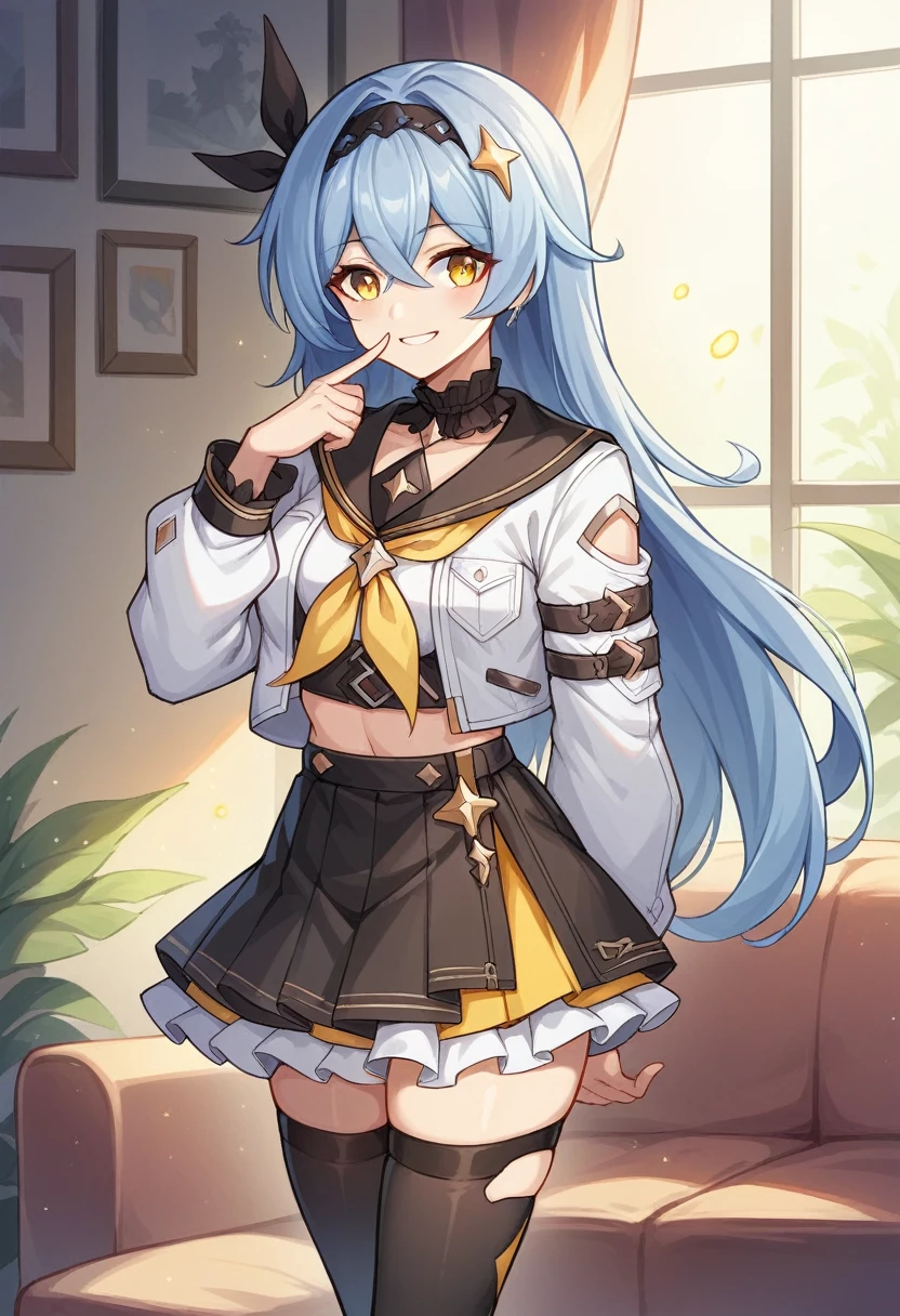 1girl,masterclass,best quality, illustration, indoors,standing,PurifierDefault, black_gloves, black_shorts, crop_top, headgear, looking_at_viewer, midriff, ponytail, sailor_collar, sailor_shirt, short_sleeves, smile, thigh_boots, yellow_neckerchief, micro_shorts, black_sailor_collar, <lora:purifier_D8_V2_e6:1>