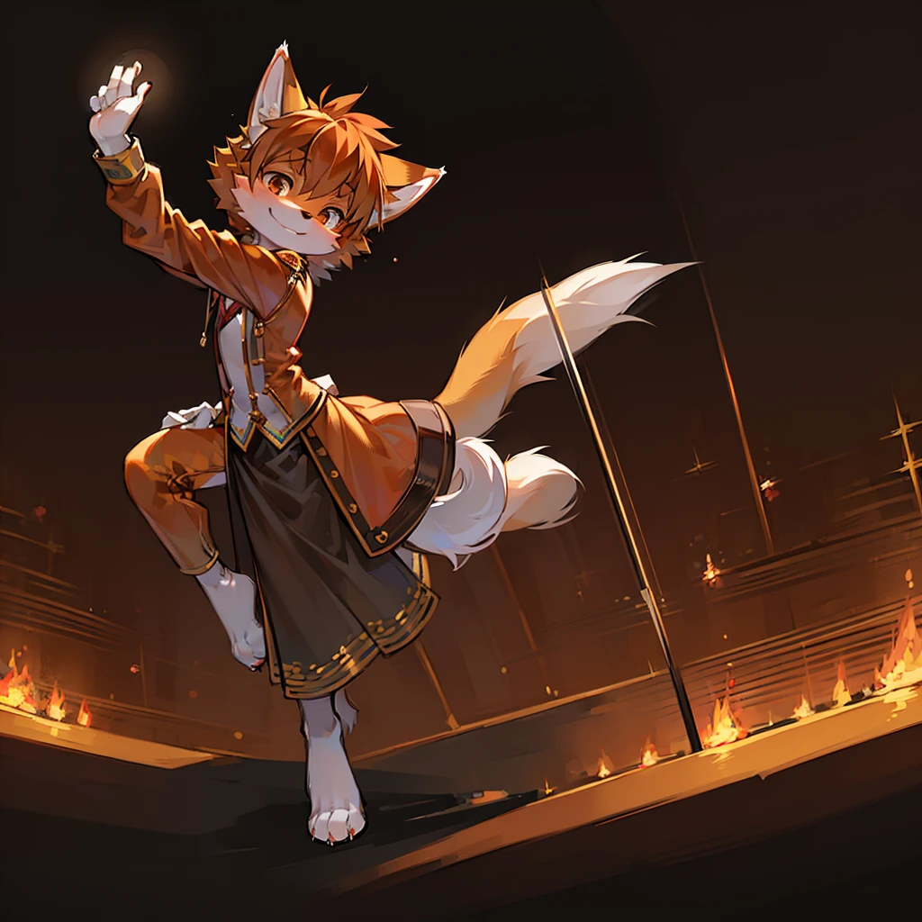 (high resolution,Masterpiece:1.2),boy,infancy,(Detailed anatomy,Correct anatomy:1.1),solo,Orange fur,Fox Boy,young boy,smile,simple background,performance,on the stage,(Furry:1.8),elegant clothing,white gloves,playing violin.