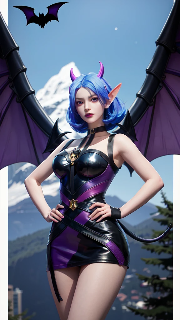 (big breasts), wings, 1girl, solo, looking at viewer, short hair, large breasts, gloves, dress, medium breasts, blue hair, tail, purple hair, horns, pointy ears, hand on hip, thigh strap, demon girl, demon horns, demon tail, demon wings [purple hair: blue hair:0.2],  (castle), gloom, darkness, mountains, ghosts, death, purple background, ((glow)), BREAK bat, purple lips, 2 wingasterpiece,best quality:1.5)