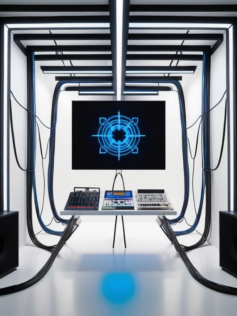 music producer studio, infernal themed futuristic background image, cables hell neon, symmetrical image, hell, White wall, negro, blue