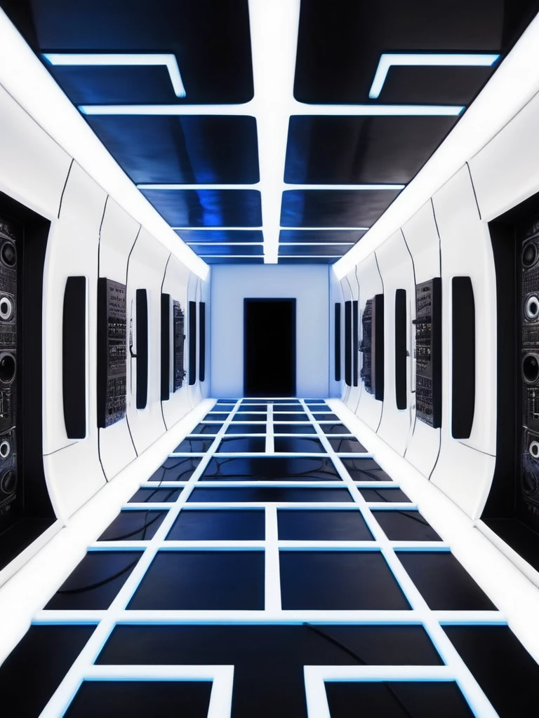 music producer studio, infernal themed futuristic background image, cables hell neon, symmetrical image, hell, White wall, negro, blue