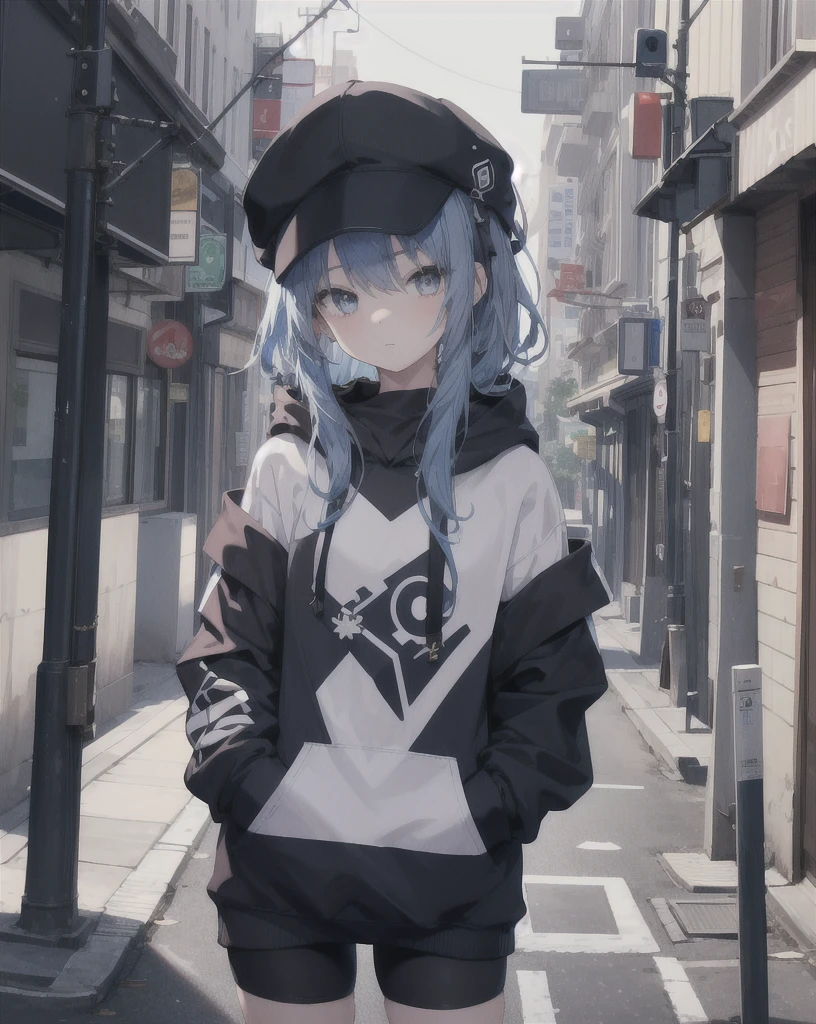 masterpiece,1girl,solo,long hair,blue hair,hoodie,off shoulder:1.2, mob cap, street,hand on hip, hand in pocket,