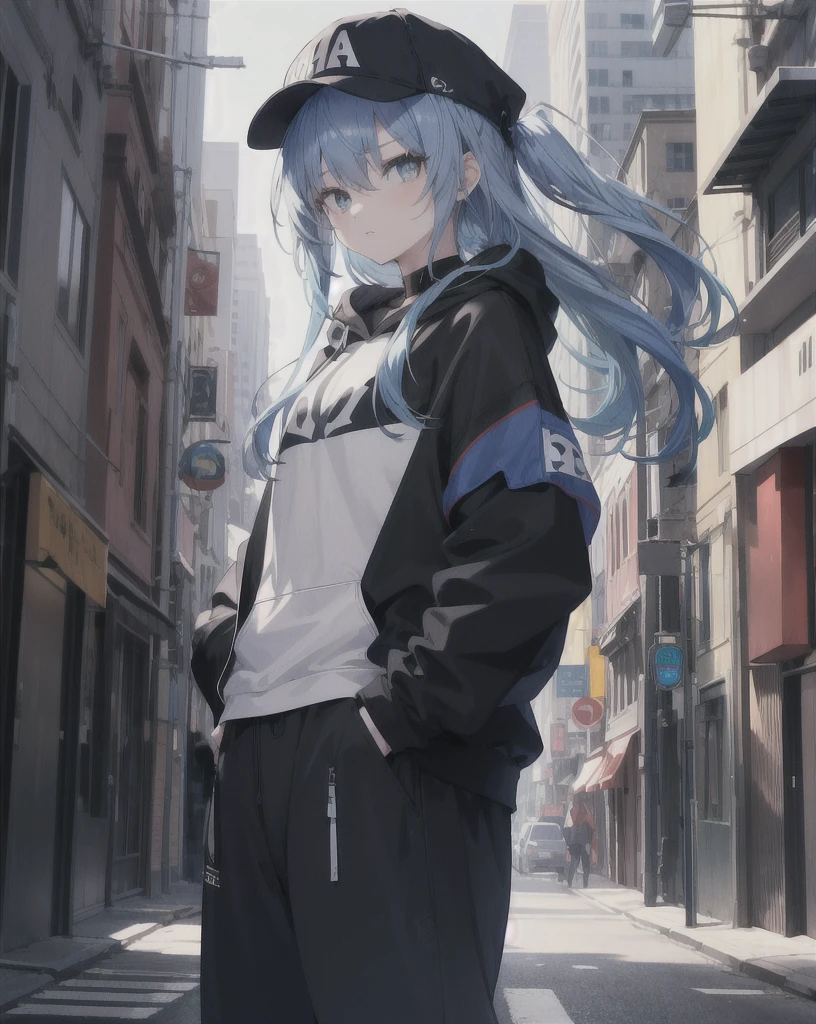 masterpiece,1girl,solo,long hair,blue hair,hoodie,off shoulder:1.2, mob cap, street,hand on hip, hand in pocket,