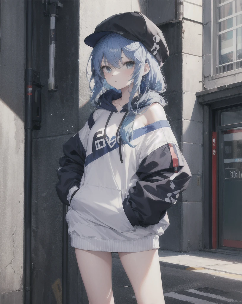 masterpiece,1girl,solo,long hair,blue hair,hoodie,off shoulder:1.2, mob cap, street,hand on hip, hand in pocket,