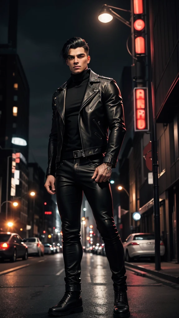 
"Generate an image of a confident, muscular young man standing in a modern city street at dusk. He has short, tousled black hair with a slight undercut and piercing red eyes. He is wearing a form-fitting black turtleneck, a red leather biker jacket, and tight black leather pants. The city backdrop includes tall buildings, streetlights, and traffic, with a moody, urban atmosphere. The man exudes a cool, edgy vibe."
