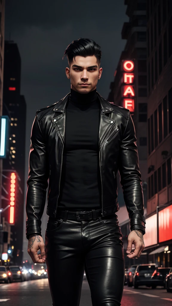 
"Generate an image of a confident, muscular young man standing in a modern city street at dusk. He has short, tousled black hair with a slight undercut and piercing red eyes. He is wearing a form-fitting black turtleneck, a red leather biker jacket, and tight black leather pants. The city backdrop includes tall buildings, streetlights, and traffic, with a moody, urban atmosphere. The man exudes a cool, edgy vibe."