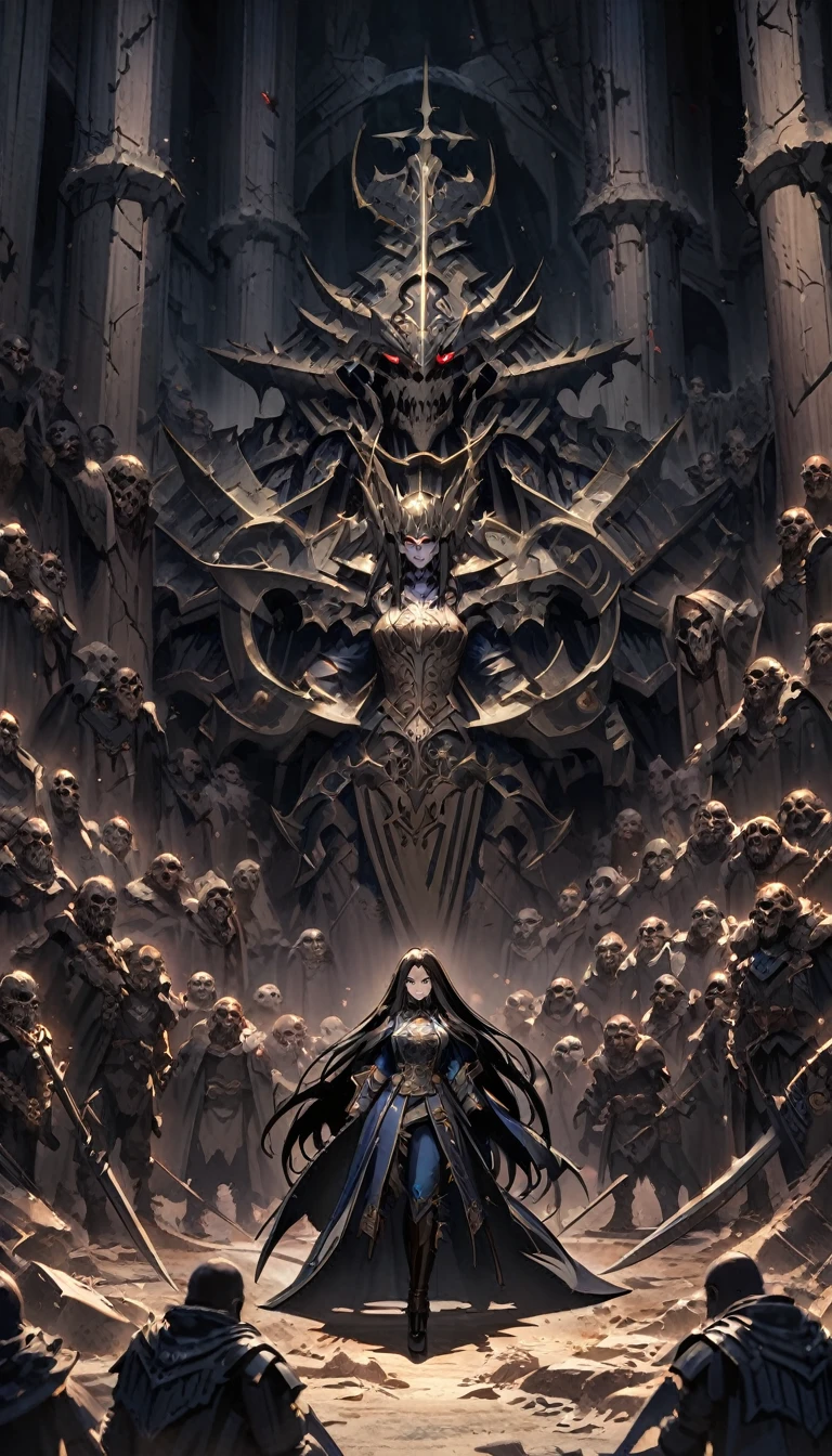 a expressive woman with eyes and long hair, Warhammer universe, anime design, wearing military lord captain garment, with grim dark elements, in a detailed darkened infrastructure backdrop, surrounded by civilians, evil chains