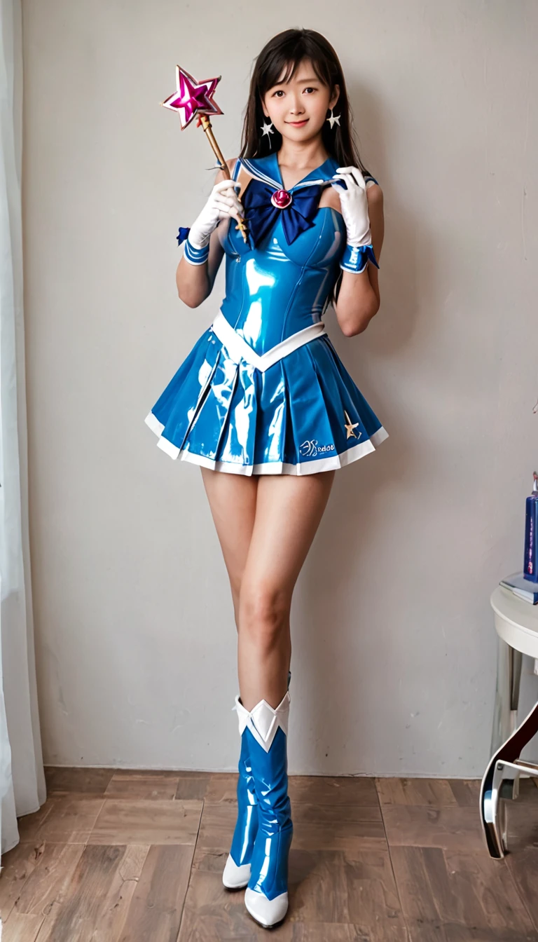 (best quality, high quality, realistic, photo realistic),1girl, sailor senshi unifoem, {{magical gloves, magical boots}}, bow, brooch,pleated miniskirt, magical girl, earrings, long hair, nsfw, latex, large_breasts, korean idol, holding wand, wand, wand effect,agic effect, standing, crossed legs, dakimakura, idol, akb48