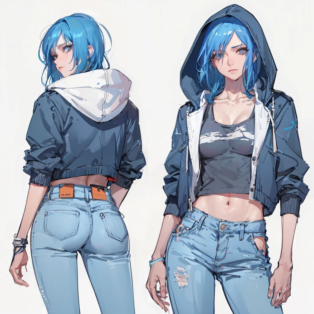 There's two naked sexy women with blue hair and blue jeans, Garota de anime cyberpunk com capuz, Lois van Baarle e Rossdraw, personagem estilo anime, Estilo Ross Tran, estilo anime moderno, fanart urbana, 2 d estilo anime, Modelo IG | Artgerm, No estilo de Ross Tran, arte detalhada do personagem de anime, meninaime cyberpunk feminino, estilo Artgerm