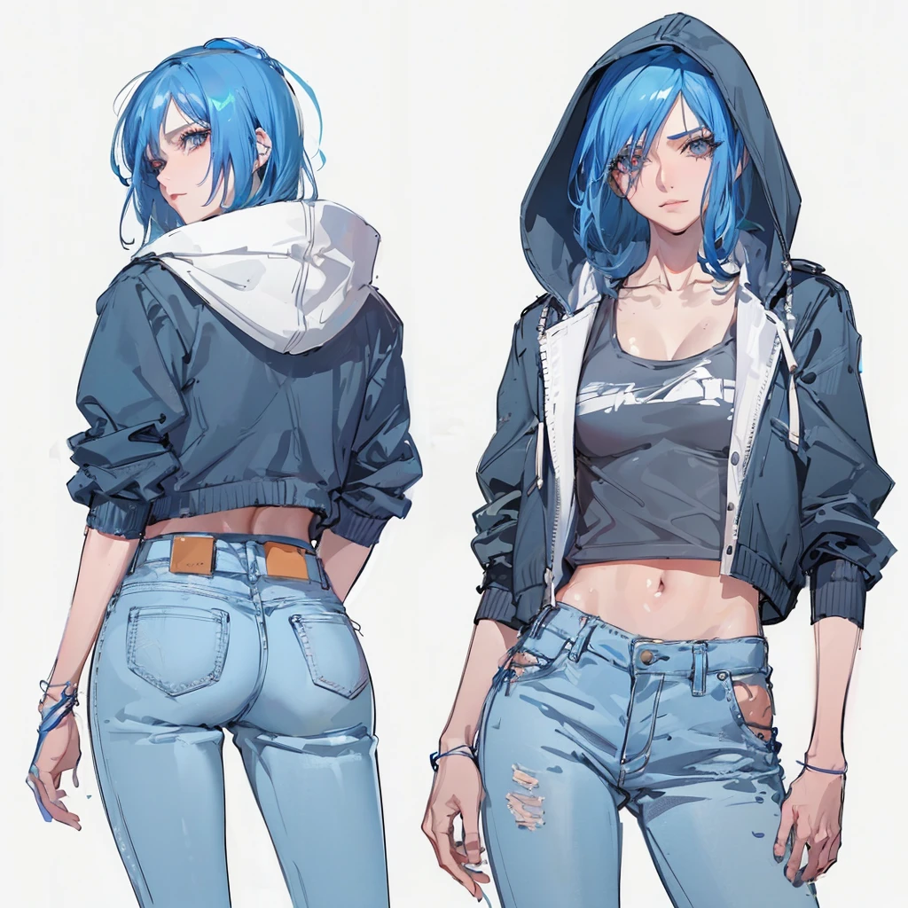 There's two naked sexy women with blue hair and blue jeans, Garota de anime cyberpunk com capuz, Lois van Baarle e Rossdraw, personagem estilo anime, Estilo Ross Tran, estilo anime moderno, fanart menina urbana, 2 d estilo anime, Modelo IG | Artgerm, No estilo de Ross Tran, arte detalhada do personagem de anime, menina de anime cyberpunk feminino, estilo Artgerm