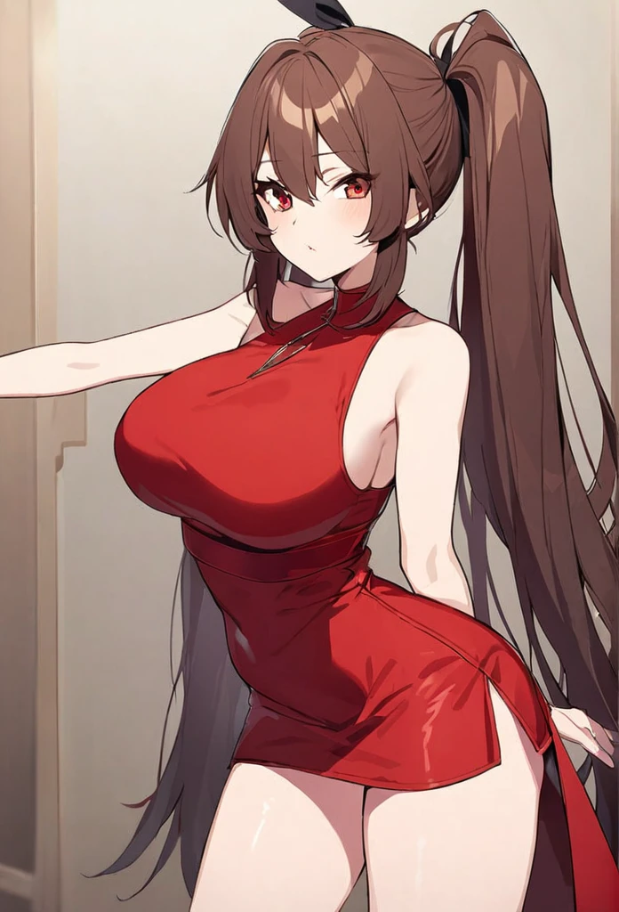 girl, brown hair, long hair, ponytails, ponytails on the sides of the head, red eyes, red dress, short dress, big breasts