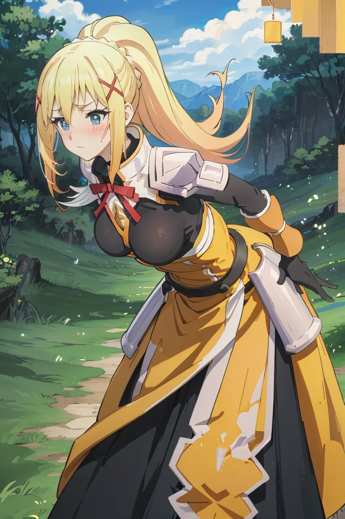 masterpiece, best quality, high resolution, best illustration, super fine illustration, (official art:0.6), (anime screencap:1.1), detailed beautiful face and eyes, anime keyvisual, (perfect anatomy:1.5), 8k portrait, (detail focus fingers:1.2), 
1girl,
darkness, 
darkness \(konosuba\),
long hair, ponytail, x hair ornament, 
blonde hair, 
(blue eyes:1.2), 
black gloves, 
large breasts, 
armor, pauldrons, shoulder armor, long skirt, 
(blush:1.5), 
leaning forward, 
(background of outdoors, forrest, blue sky, nature), 