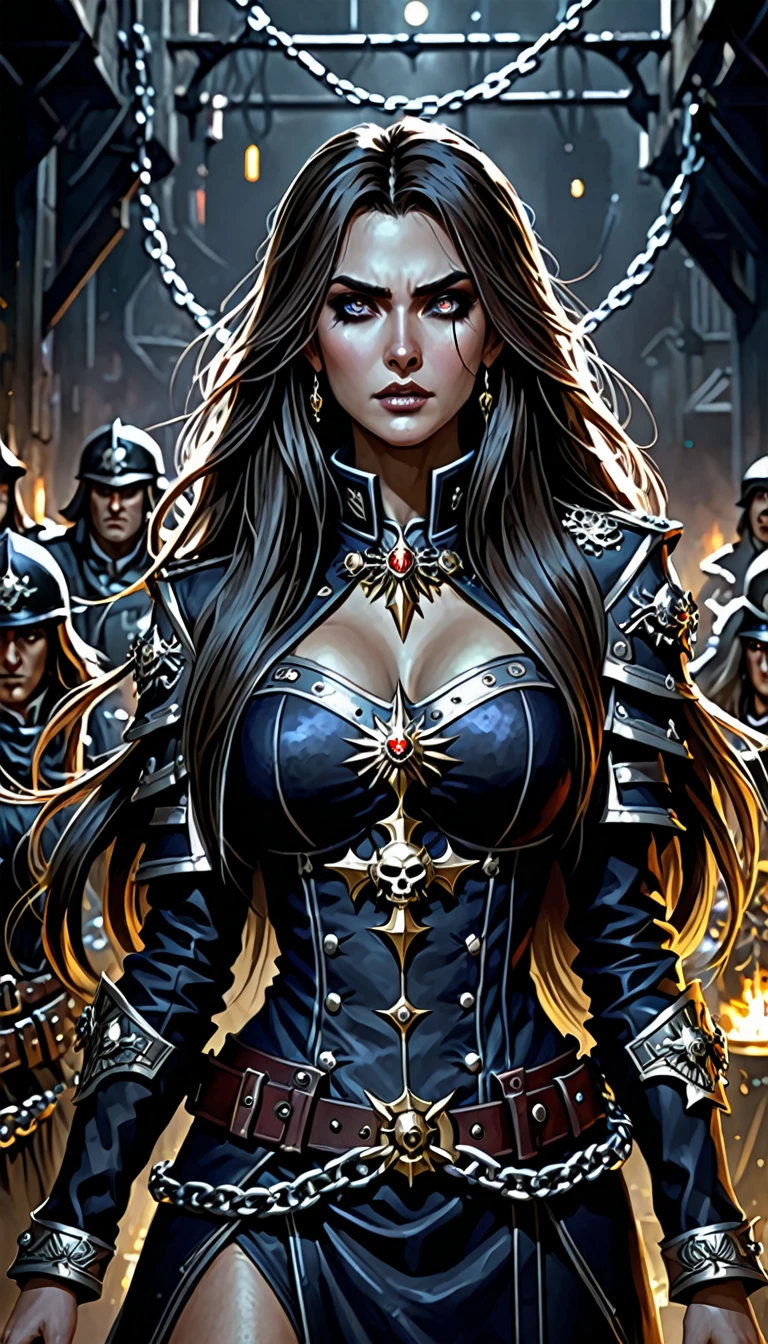 a expressive woman with eyes and long hair, Warhammer universe, anime design, wearing military lord captain garment, with grim dark elements, in a detailed darkened infrastructure backdrop, surrounded by civilians, evil chains