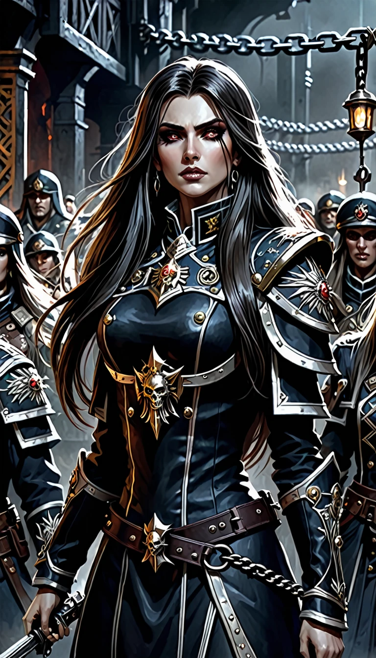 a expressive woman with eyes and long hair, Warhammer universe, anime design, wearing military lord captain garment, with grim dark elements, in a detailed darkened infrastructure backdrop, surrounded by civilians, evil chains