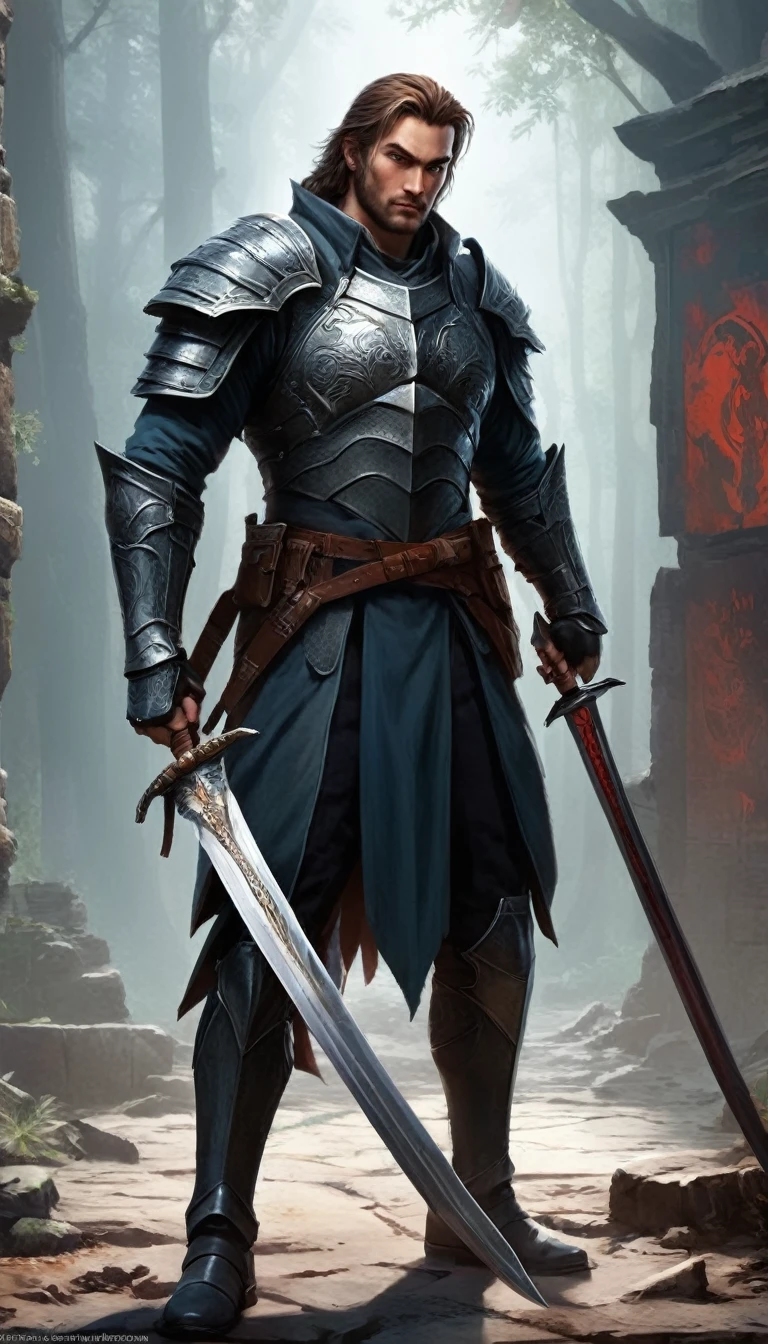 man holding a sword in front of a poster, computer graphics by Li Chevalier, featured on polycount, private press, artstation hd, prerendered graphics, behance hd