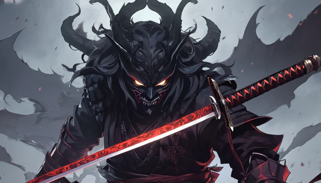 demon mask, sword on the hand,close up, black heavy detailed clothes, hand katana, art, dark and malevolent, hand sword, armor, powerful and intimidating, (masterpiece, best quality, ultra-detailed, best shadow), (detailed background, dark fantasy) dramatic light, intricate details, dark and malevolent, powerful and intimidating, Dark and foreboding, malevolent force, sinister and chilling, armor, high detailed background, girl in demon slayer art, demon slayer art style, epic anime art, God death
