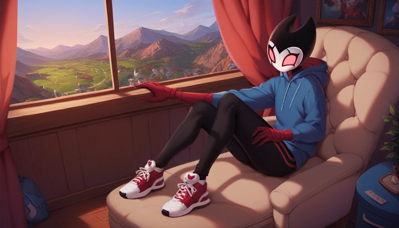 score_9, score_8_up, score_7_up, score_6_up, zPDXL2, grimm \(hollow knight\), vampire, bat, 1boy, cute face, detailed eyes, anthro, black sports pants, blue large hoodie, red sports gloves, sneakers, background, femboy, near the window, landscape, near an armchair, looking to the camera, portrait of the face, lying on the floor, curvy body, (dynamic poses)