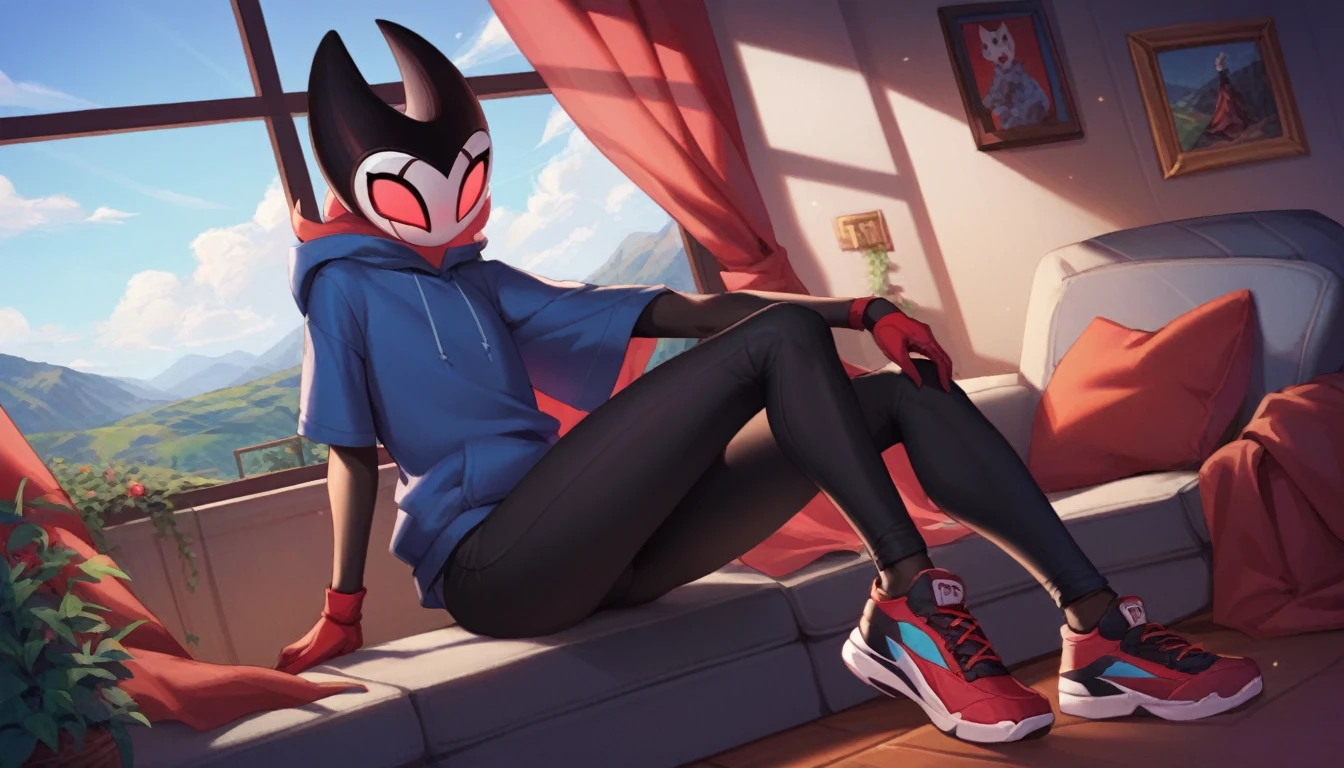 score_9, score_8_up, score_7_up, score_6_up, zPDXL2, grimm \(hollow knight\), vampire, bat, 1boy, cute face, detailed eyes, anthro, black sports pants, blue large hoodie, red sports gloves, sneakers, background, near the window, landscape, near an armchair, looking into nothing, portrait of the face, sitting, curvy body, femboy