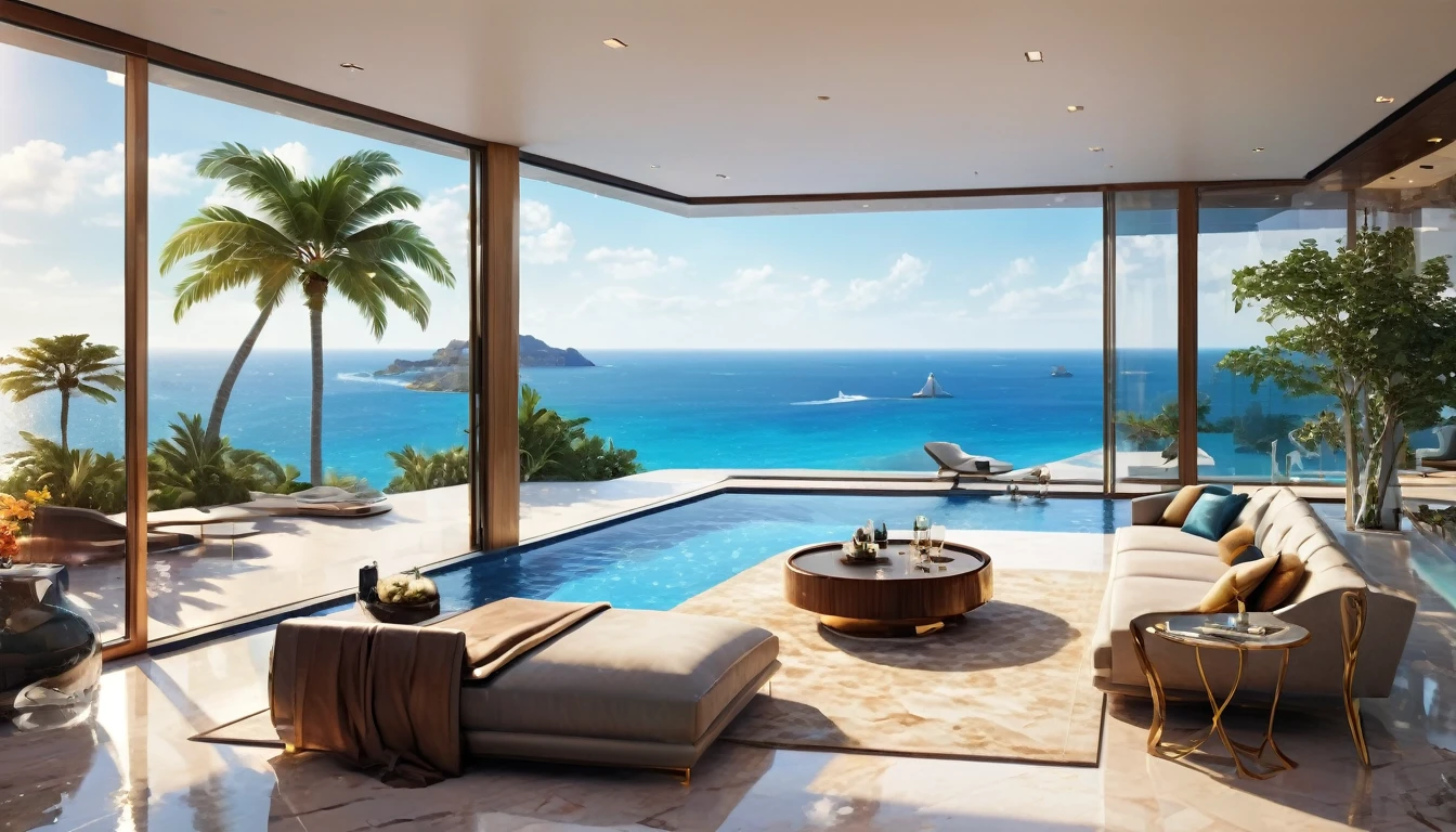 A modern luxury mansion with an infinity pool overlooking the ocean, floor-to-ceiling windows, and a sleek, luxury interior design. hyper realistic photo, 16k, vibrant colors